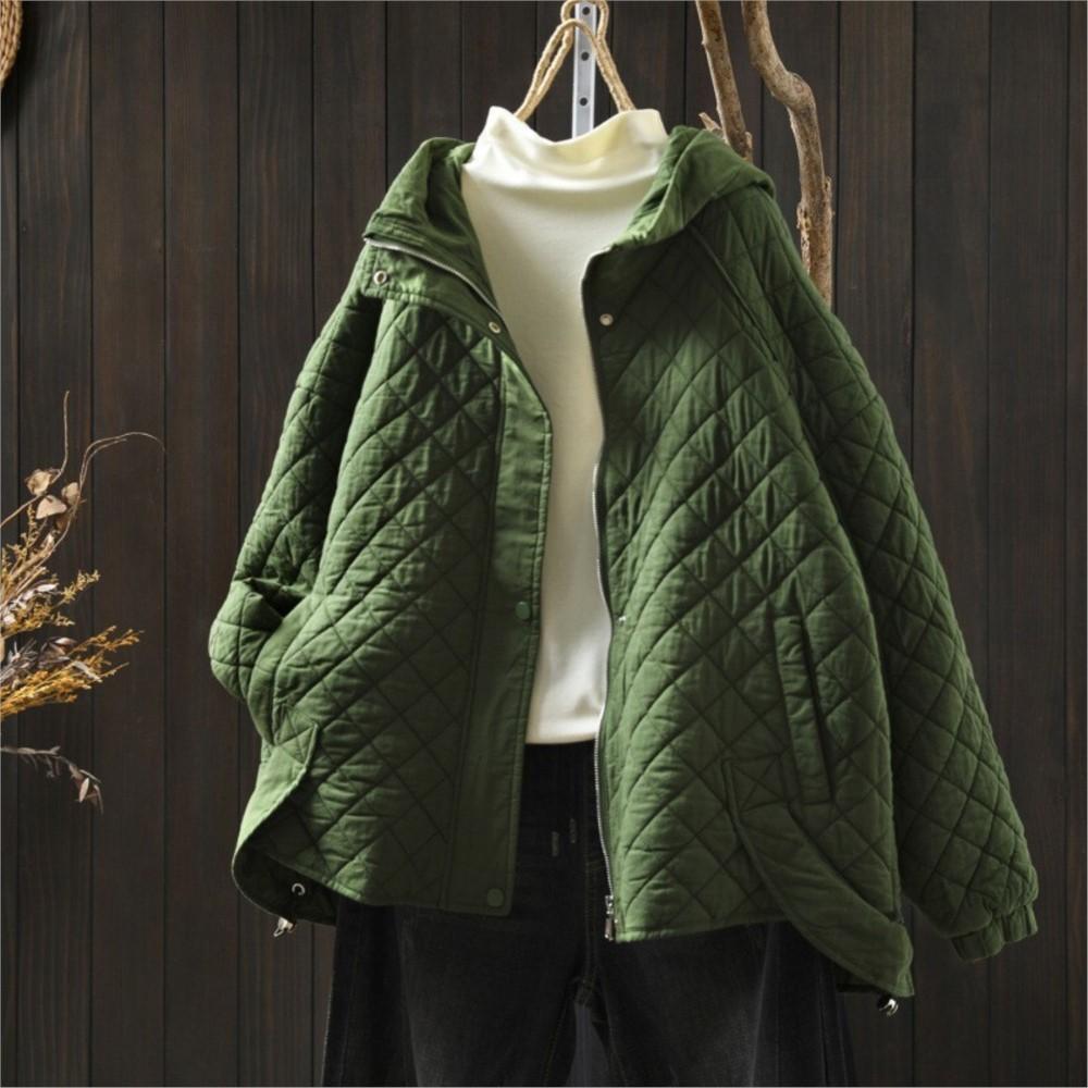 Johnature Women Vintage Winter Hooded Solid Color Button Zipper Coats 2025 Solid Color Patchwork Pockets Casual Coats