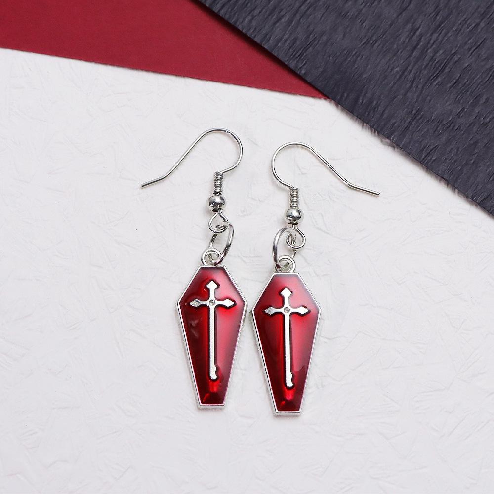 European & American Gothic Halloween Earrings: Coffin, Bat, Vampire, Cross Designs