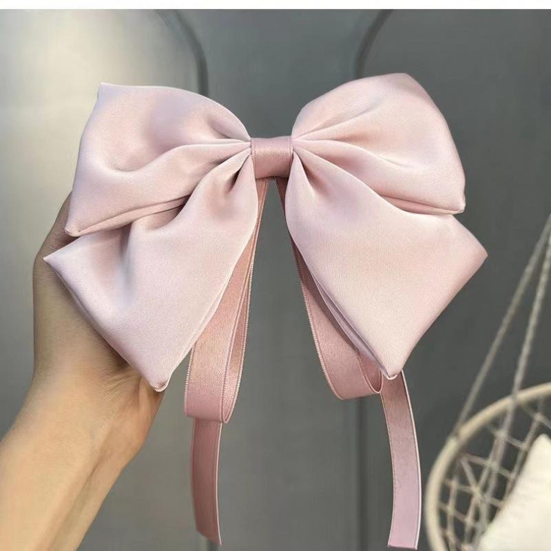 Children's Large Bow Hair Clip  Princess Style Satin Wine Red Ribbon Hair Clip  Back of The Head with A Headband  A Female Hair Accessory