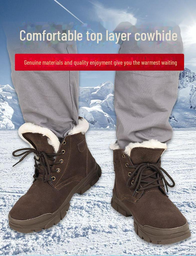 Men's Thick Fur-Lined Cowhide Winter Snow Boots with Steel Toe