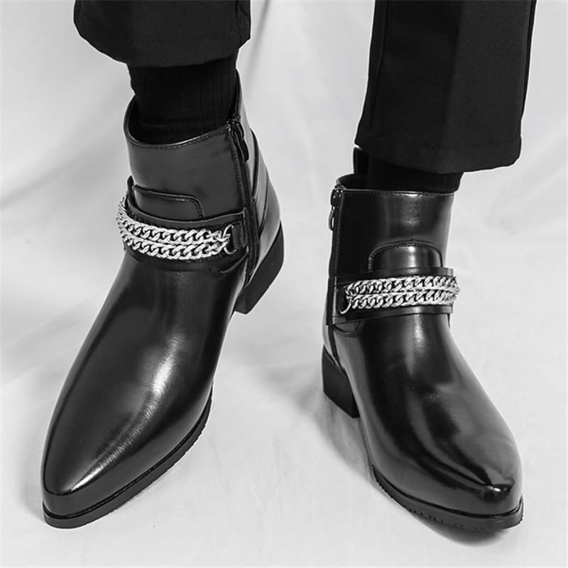 Designer New Men Metal Chain Pointed Toe Casual Ankle Boot Male Winter Fashion Black Brown Chelsea Leather Shoes Zapatos Hombre