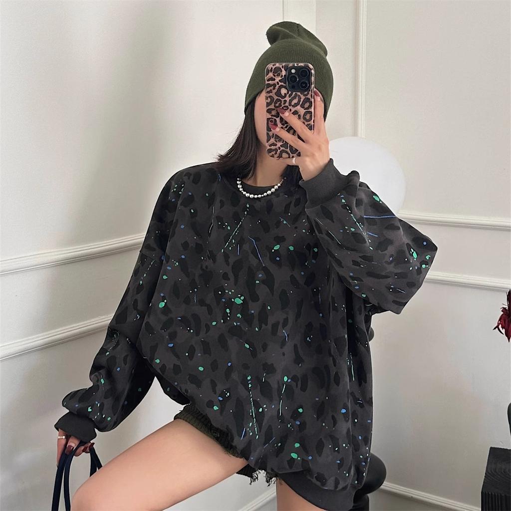 Plus Size Women Autumn Leopard Print Oversized Long-sleeved Tops O-neck Hoodies Loose Sweatshirts