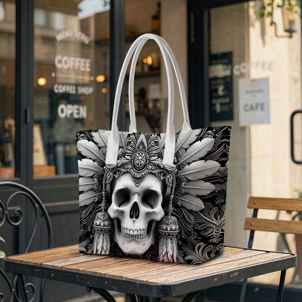 Gothic Skull Pattern Tote Bag Large Capacity Portable Fashion Daily Shoulder Bag for Outdoor Use