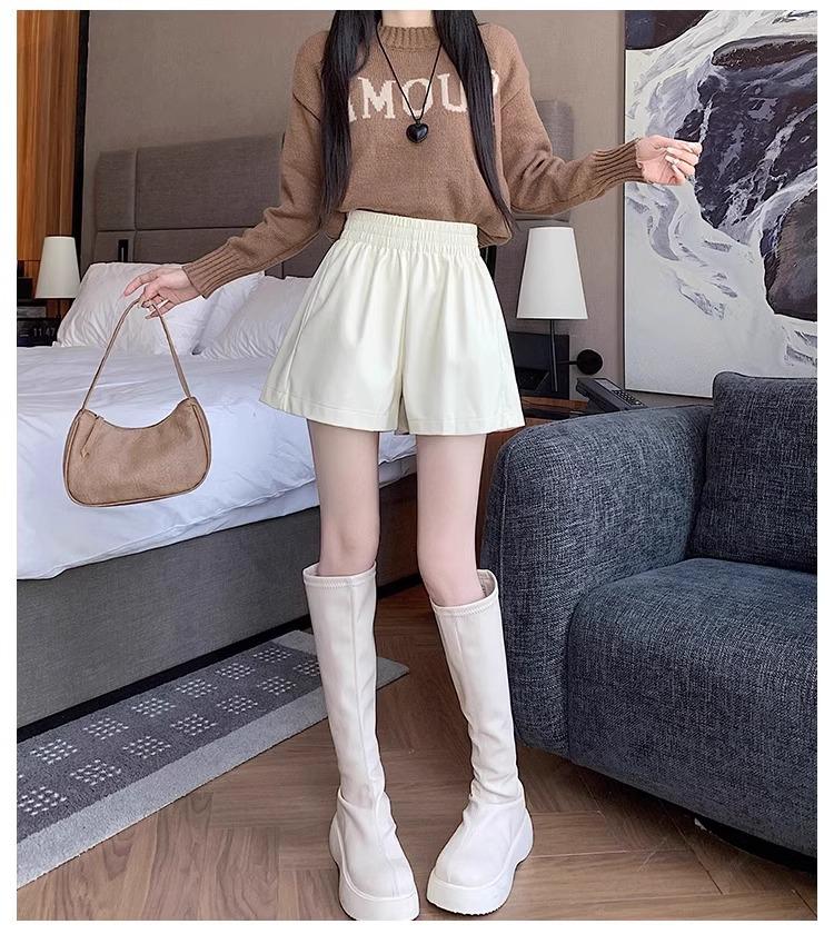 Dámské hnědé kožené šortky s vysokým pasem - Podzim/Zima 2023 Áčkový střih Slim Široké nohavice PU Móda.