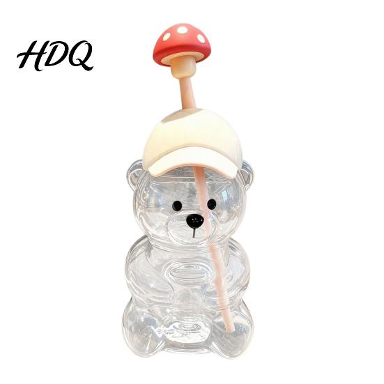Transparent Drink Cup Cute Bear Glass with Straw & Lid 500/591ml Plastic/Glass Water Bottle for Juice With Cold/Hot Drinks Pattern Coffee