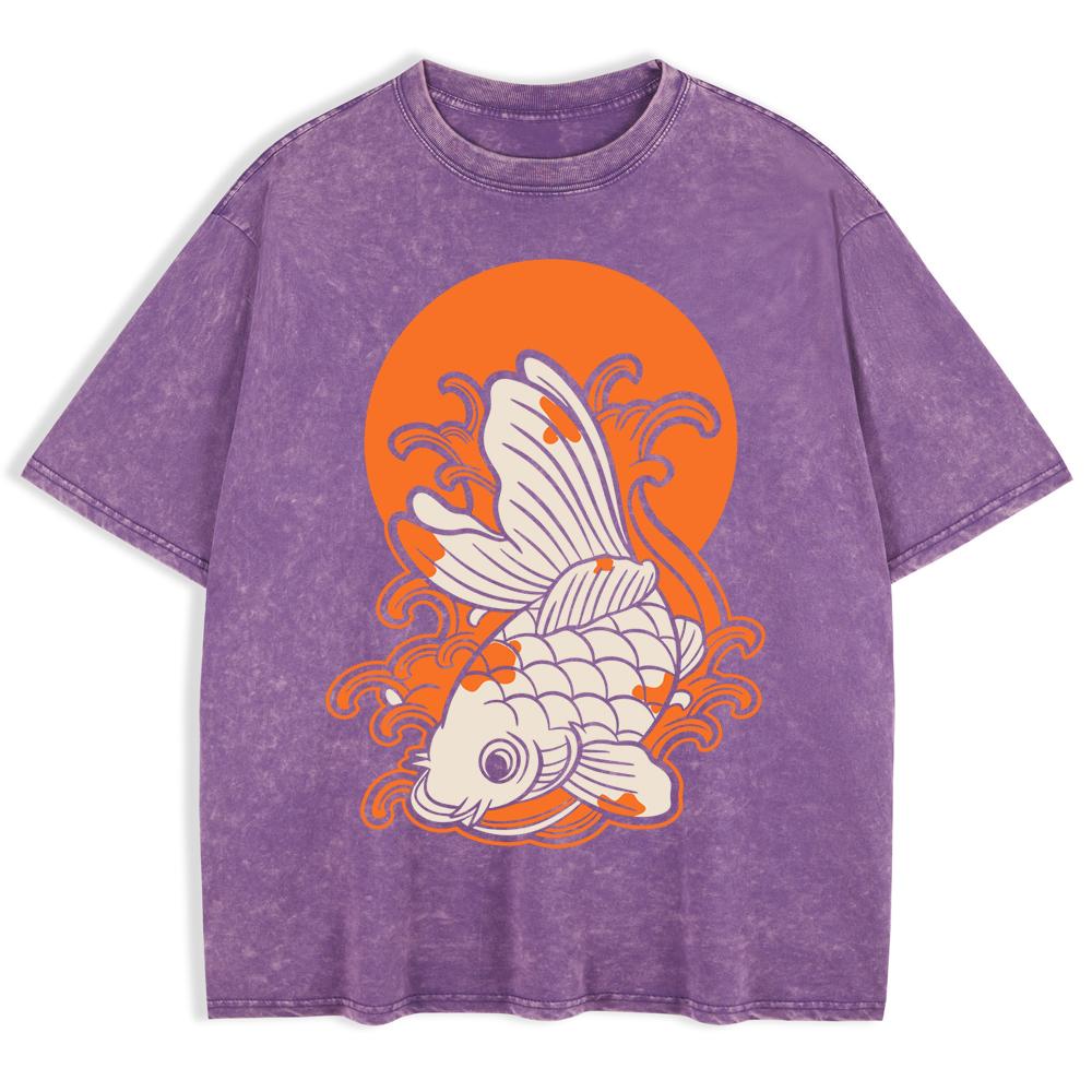 Japanese Koi Harajuku Printed Washed T-Shirts Mens Cotton Oversize T Shirt Summer O-Neck Short Sleeve Tops Casual Men Clothes