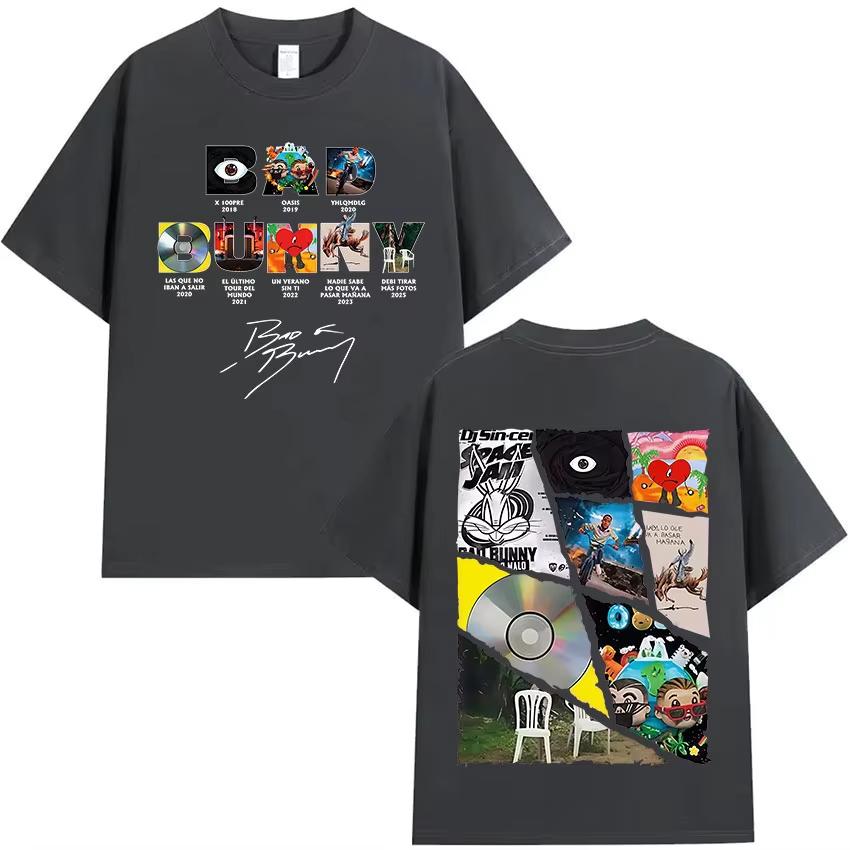 Rapper Bad Bunnys 2025 Tour Album Printed Tshirt for Unisex Casual and Fashionable Cotton Shortsleeved Women Summer T Shirt
