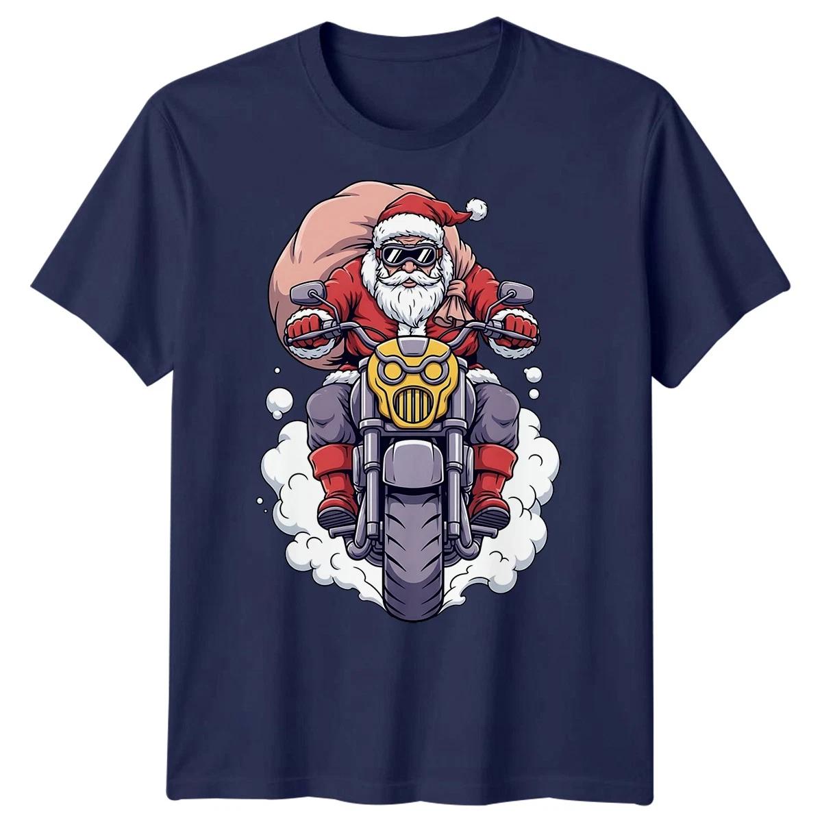 Santa Claus Motorcycle Christmas Mens T shirt Holiday Graphic Tee 4XL