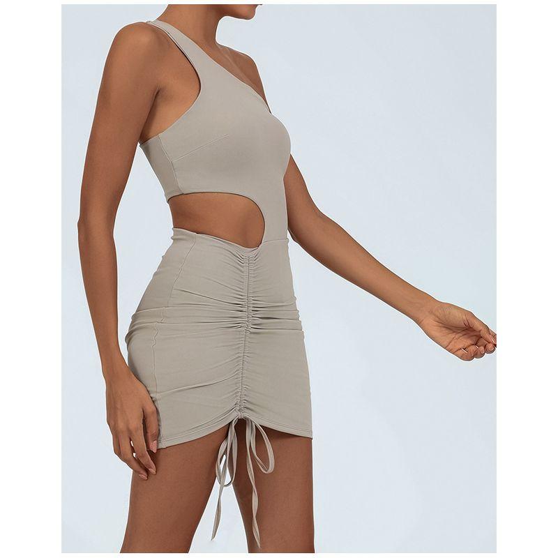 

European and American Yoga One-Piece Skirt Women Containing Leggings High Elastic Quick-Drying Drawstring Sports Workout Clothes Tennis Skirt Sheath Shallow khakis L