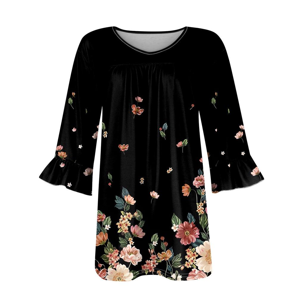 Women's Fashion Casual  Printed V-Neck Pleated Seven Minute Sleeve Ruffle Sleeve T-Shirt Plus Size Tops