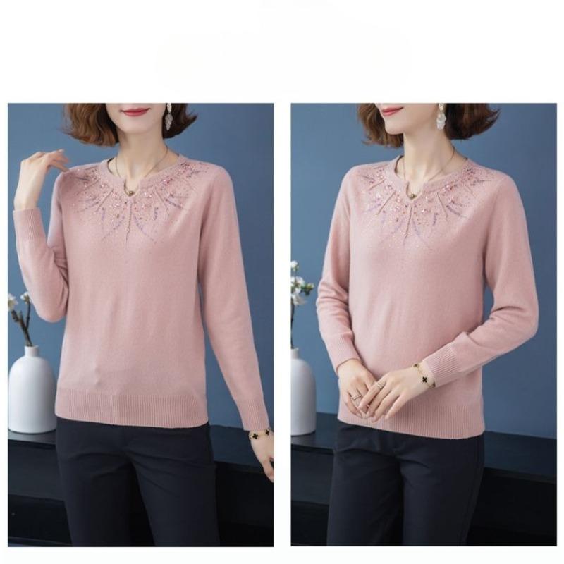 Módní svetr pro maminku z imitace vlny, volný, s výšivkou a kamínky, dámský, pro střední věk, větší velikost, podzimní zima