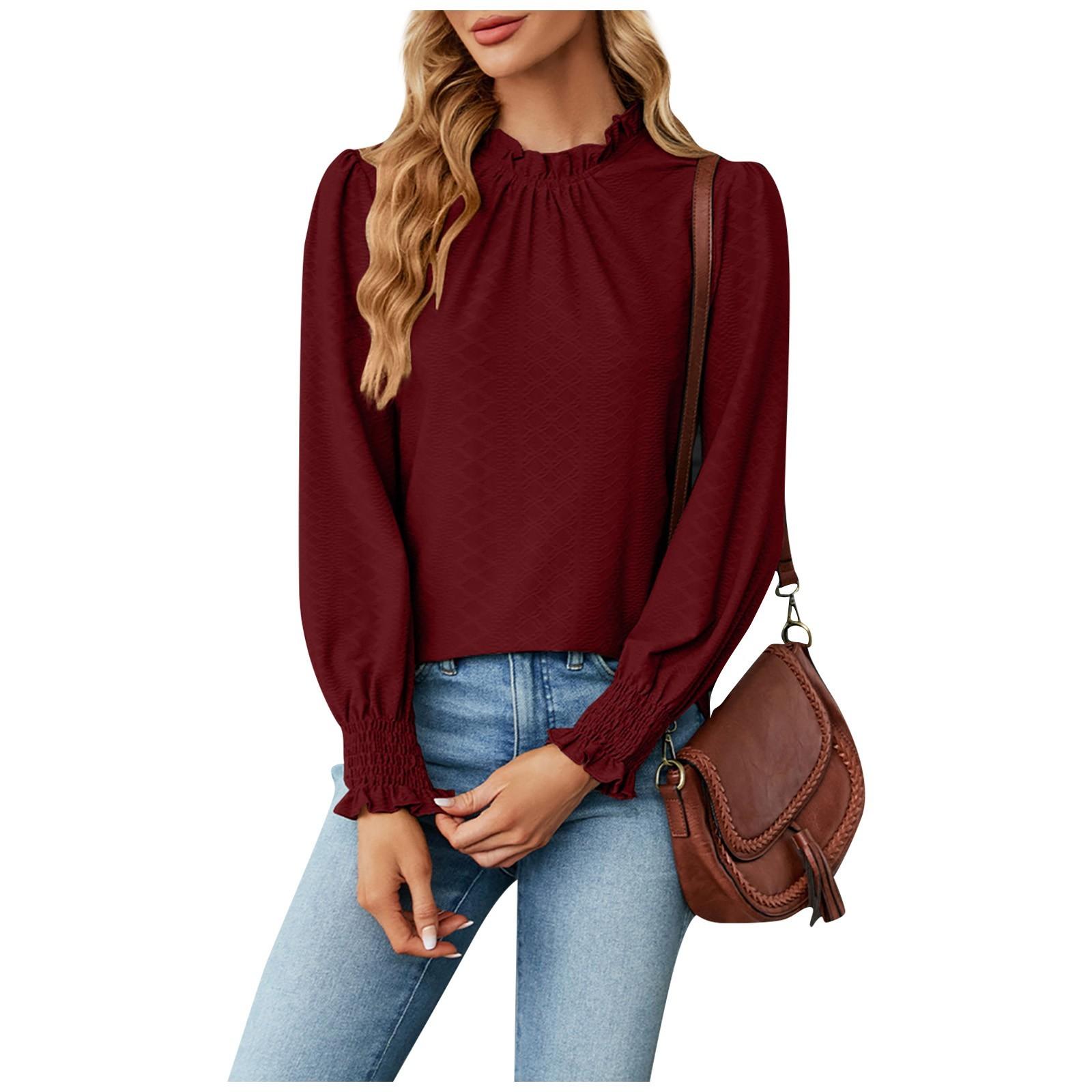 

Женская мода сексуальный круглый вырез однотонный кружевной длинный рукав плиссированный топ XXL винный