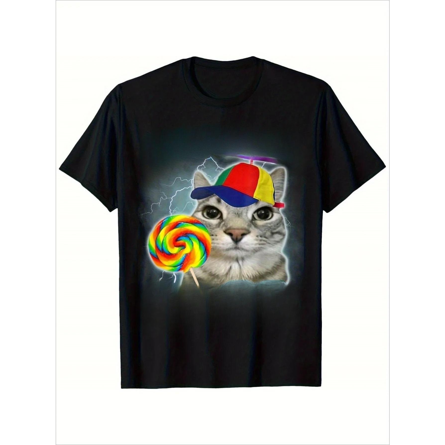 

Greetings Fun Cat Meme T-Shirt - Soft Breathable Crew Neck Tee with Rainbow Lollipop & Party Hat Design Fashion Y2K Top 4XL