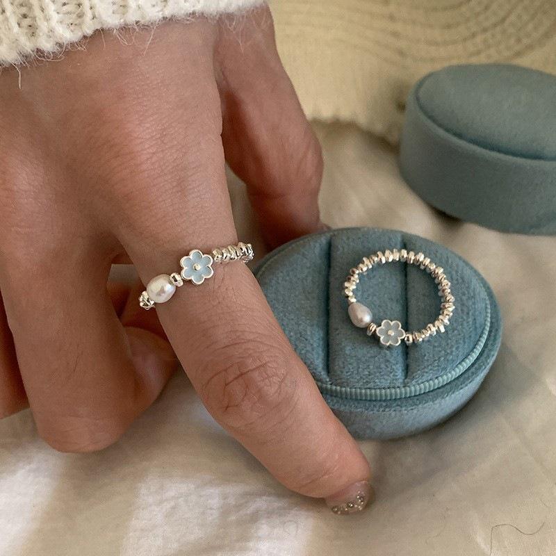 Bague Irrégulière Perle Émail Bleu Drip pour Femmes, Plaqué Argent S925, Bague Déclaration de Mode de Luxe