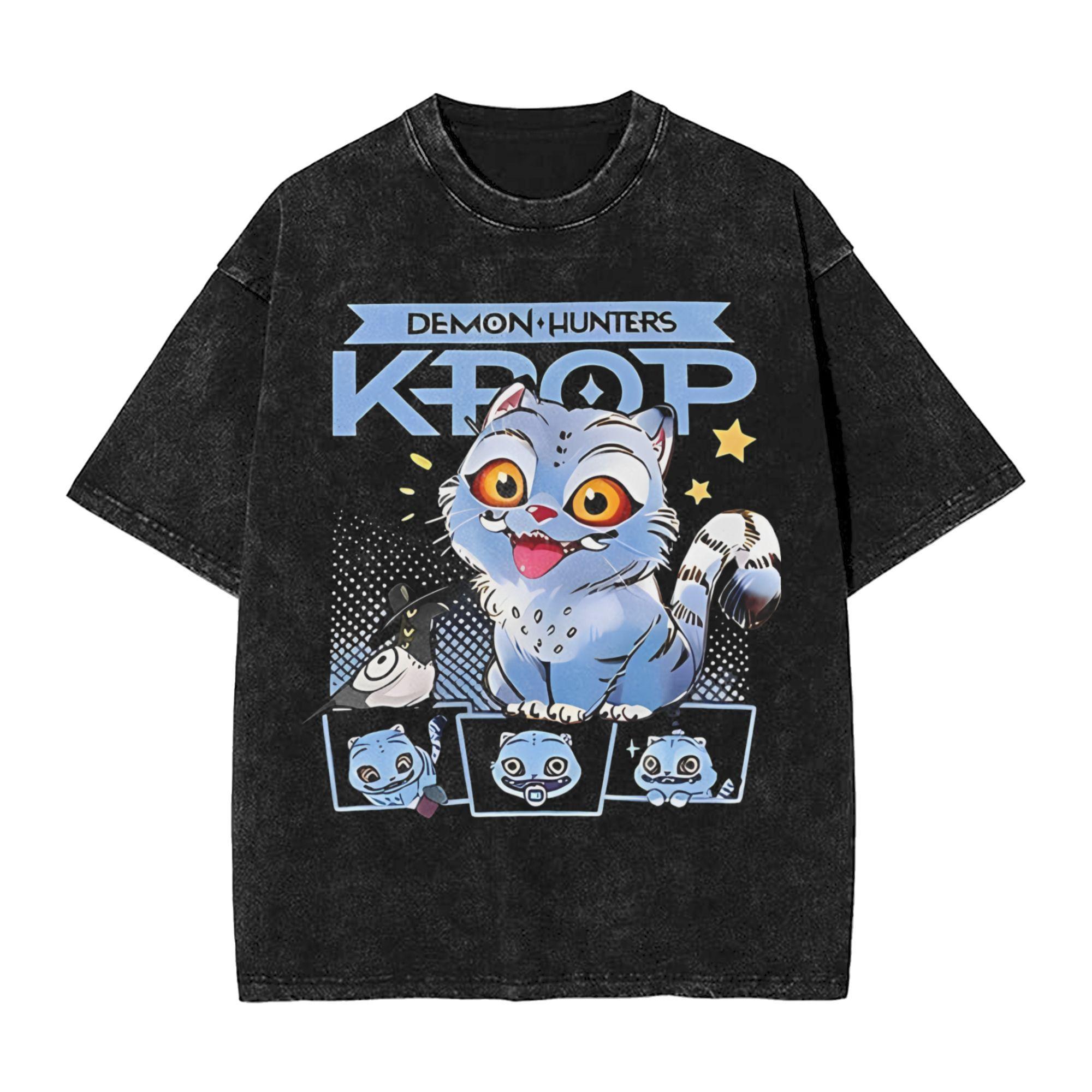 

K-Pop Охотники на демонов Huntrix Синий тигр Derpy Выстиранная футболка Винтаж Харадзюку Мужчины Женщины Свободные футболки Футболка Хлопок S