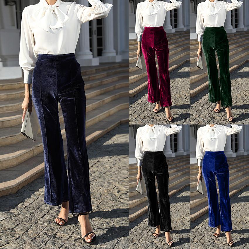 Autunno Inverno Pantaloni Svasati Donna Pantaloni di Velluto Velour Pantaloni da Donna a Zampa d'Elefante Pantaloni a Vita Alta da Donna
