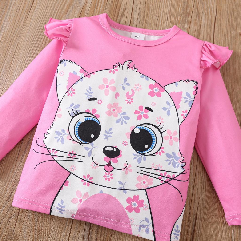 Kids Girls 2 Piece Outfit Spring Fall Long Sleeve Cartoon Cat Pullover Top Floral Flared Trousers Fashion Casual Children Clothing Set