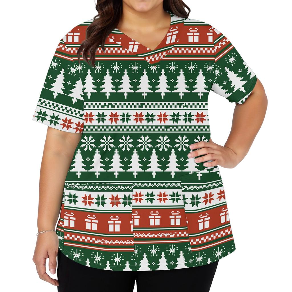 Women's V-Neck Short Sleeve Christmas Print Work Tunic Top with Pockets and Side Slits