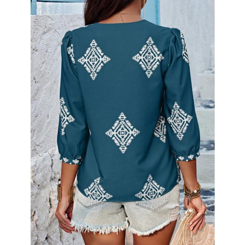 Women Oversize Printed V Neck 3 4 Sleeve Casual Summer Fashion T Shirt