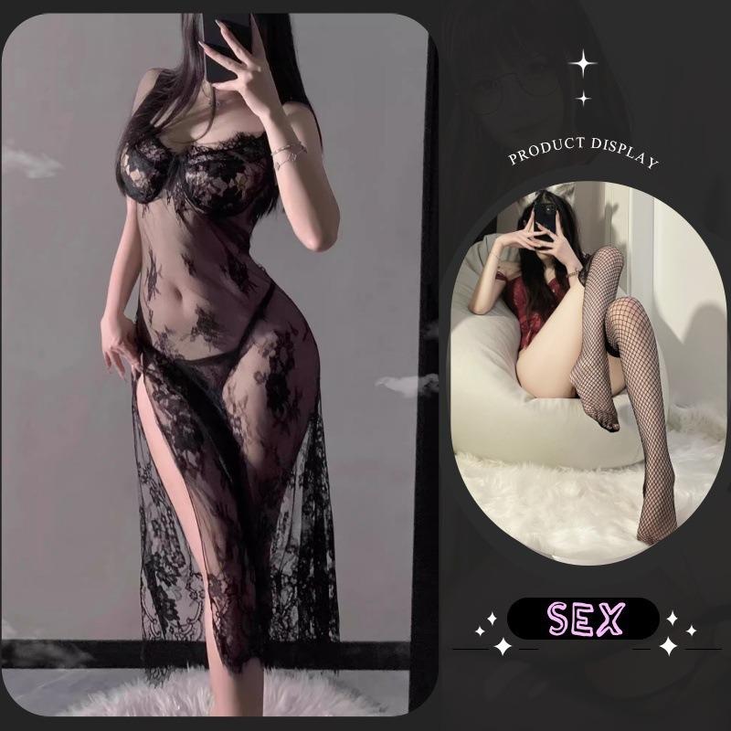 Purple Sexy Lingerie Suspender Pajamas Women's Suit Sexy Transparent Lace Uniform Temptation Split-ended Long Dress Small Chest