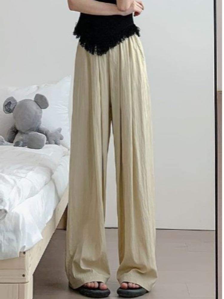 Trousers Female Summer Retro Sense Pleated Wide-legged Trousers Female Thin Drape Wide Loosened Straight Ice Silk Casual Trousers