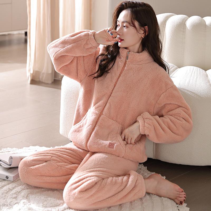 Pajamas Women'S Winter Coral Fleece Thickened Fleece Women'S Autumn And Winter Flannel Winter Can Be Worn Outside Loungewear Suit