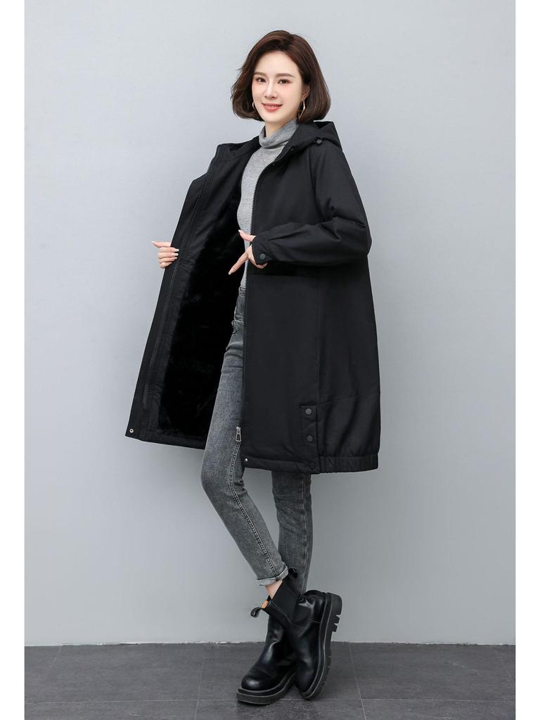 Women's 2024 Winter Fleece-Lined Hooded Parka: Loose Mid-Length Thickened Workwear Cotton Coat