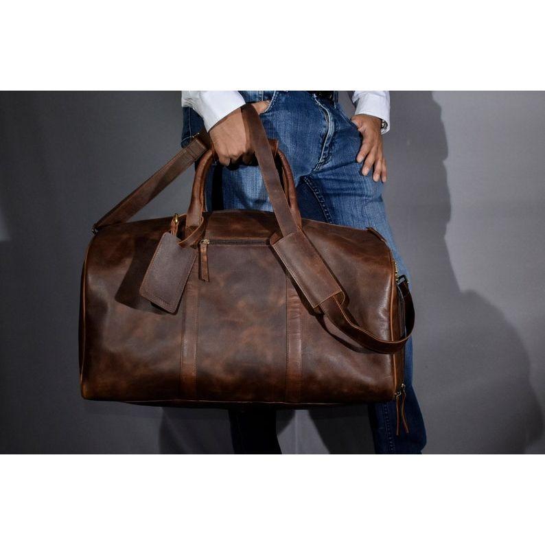 

Leather Duffel Bag with shoe men Weekender overnight Bag on sale weekend leather gym bag travel gift for men anniversary husband 24 x 12 x 11 in