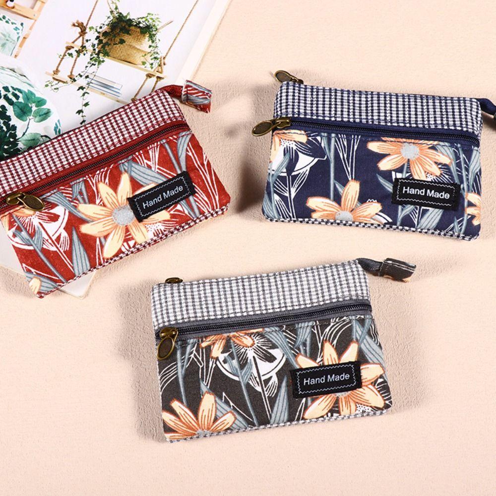 New Printed Fabric Money Bag Double Zipper Ethnic Style Coin Purse Wallet Women Girls