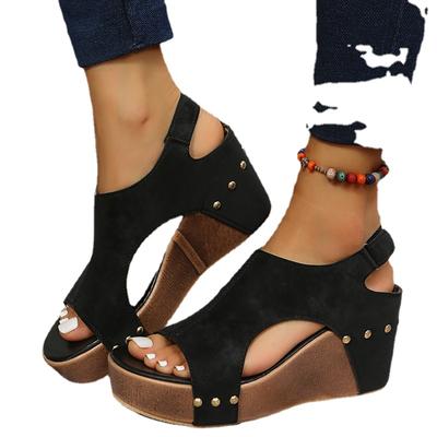 Sandales compensées à rivets et bouche de poisson pour femmes, grande taille, style romain, semelle en grain de bois vintage, 2024