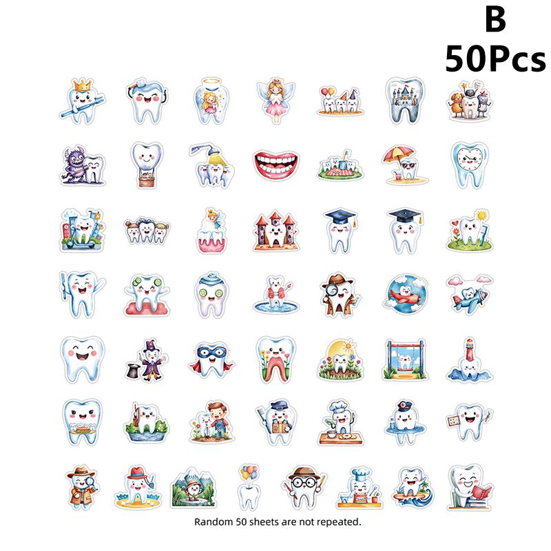 50 Sheets Protect Teeth Cartoon Stickers For Kids Students Graffiti Laptop Stationery Luggage Cute Sticker Dental Clinic Gifts