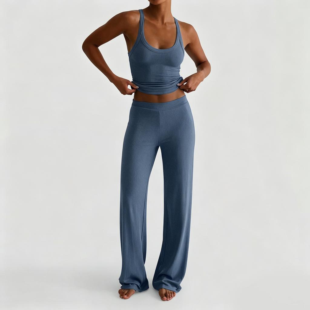 Women's Solid Color Sports Yoga Tank Top and Wide Leg Pants Two Piece Set Stretchy Comfortable Fit