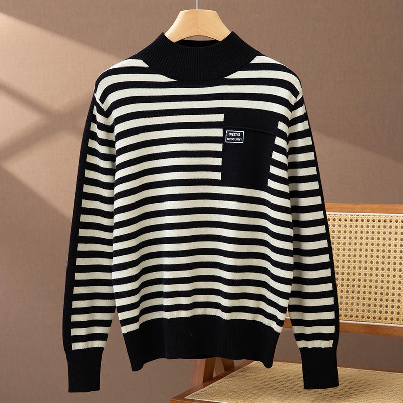 2025 Women’s Korean Style Striped Half High Neck Knitted Pullover Sweater