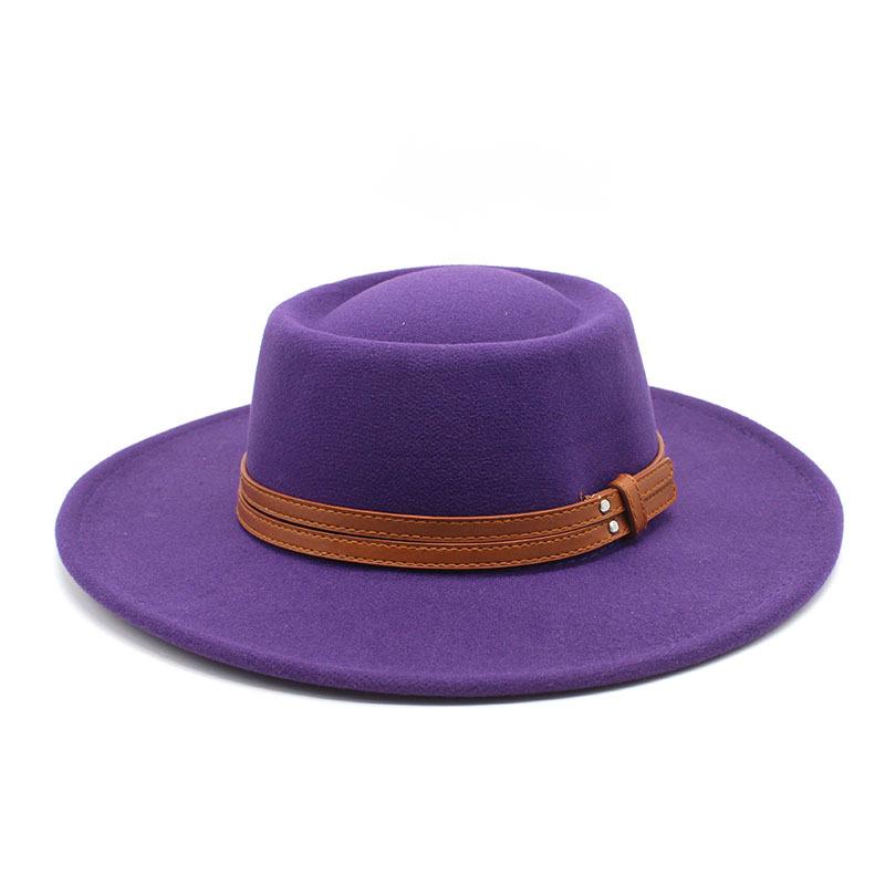 French Double Belt Buckle White Woolen Hat Flat Top Top Hat Female British Retro Style Wide Brim Felt Hat