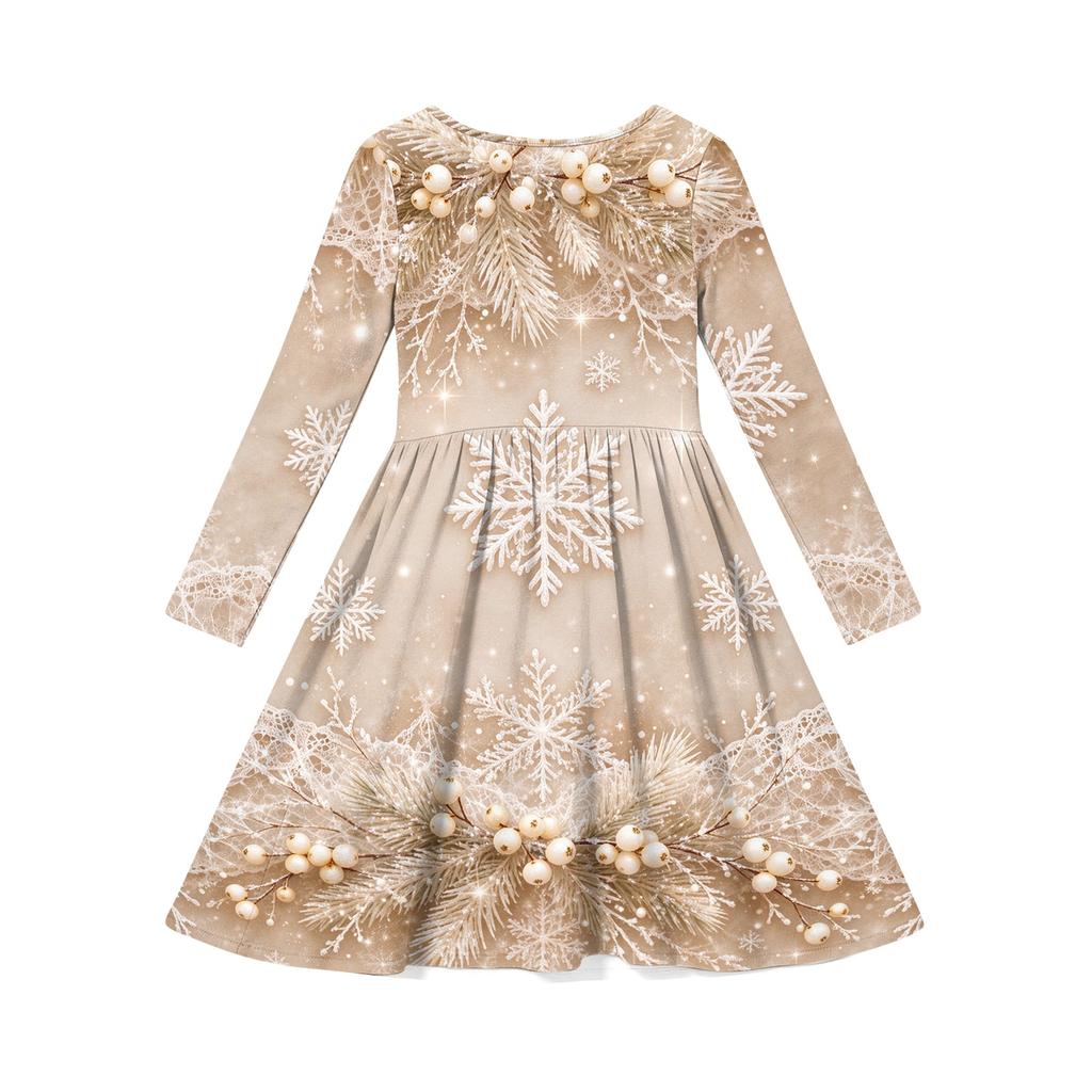 Kids Christmas Print Long Sleeve Dress for Holiday Parties and Everyday Wear