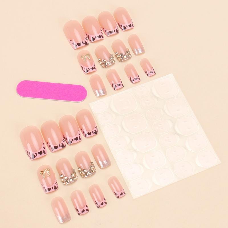 24 Buc. Unghii False Scurte Pătrate Vârf Francez Unghii Drăguțe Presate Unghii Autocolante Manichiură Cu Strasuri Și Fundițe 3D