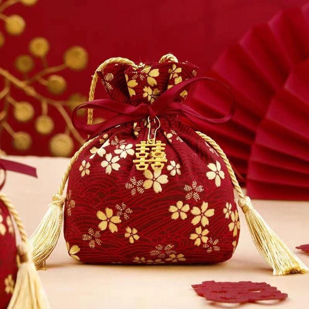 Stripe Canvas Flower Drawstring Bag Sakura Wedding Candy Bag Portable Ribbon Bow Wrist Bag  Party