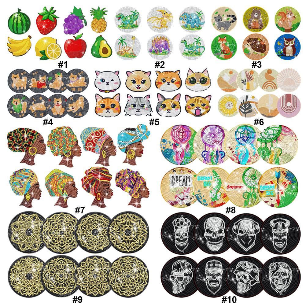 8 Pcs Dinosaur Acrylic Diamond Painting DIY Coaster Indian Woman with Holder Skull Diamond Painting Art Coaster Kit for Beginner