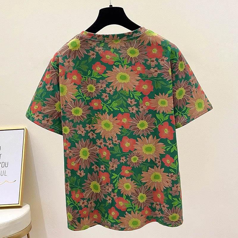 Tops Women Cotton Summer Large Size T-shirt Round Neck Loose Printed Casual Pullover T-shirt Top