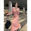 Niche Design Sense Neck Word Shoulder Long Sleeve Dress Women's Spring New Slim and Thin a Word Medium and Long Skirt