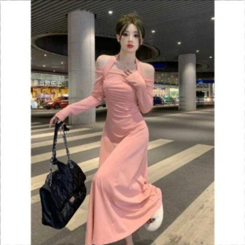 Fashion sexy babes one-word shoulder neck long-sleeved dress women s spring new slim-fit stacked inside long skirt S розовый