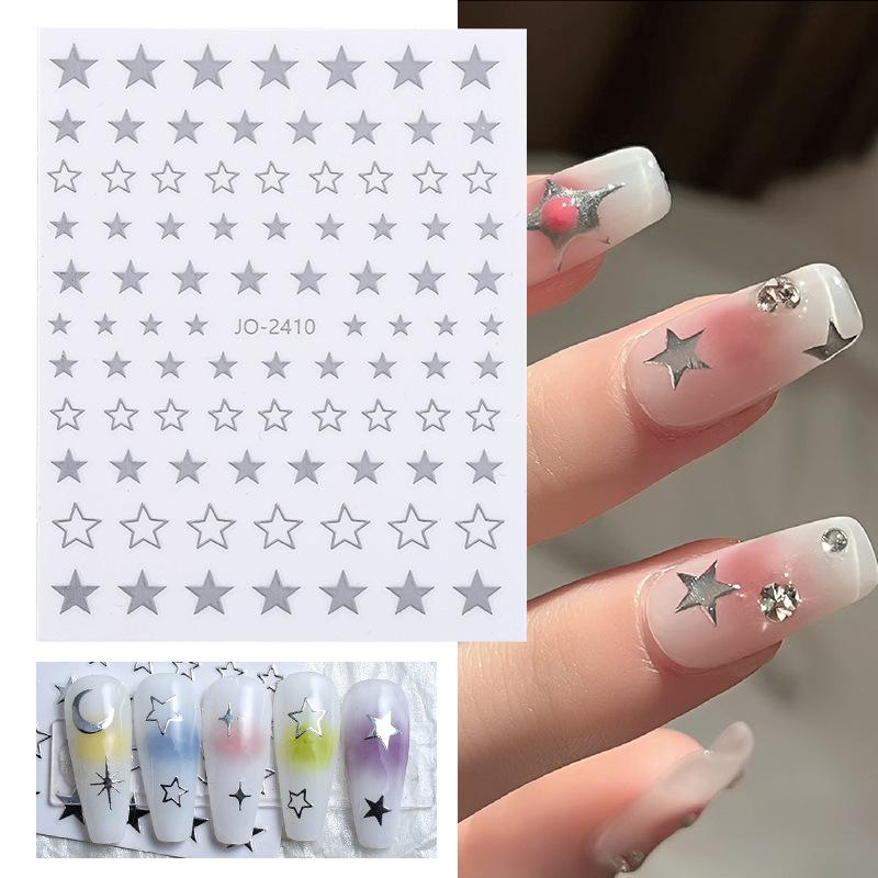 Liquid Metal Silver Series Nail Art Sticker Pentagram Moon Quadrangram Sticker Nail Art Comes With Background Nail Sticker