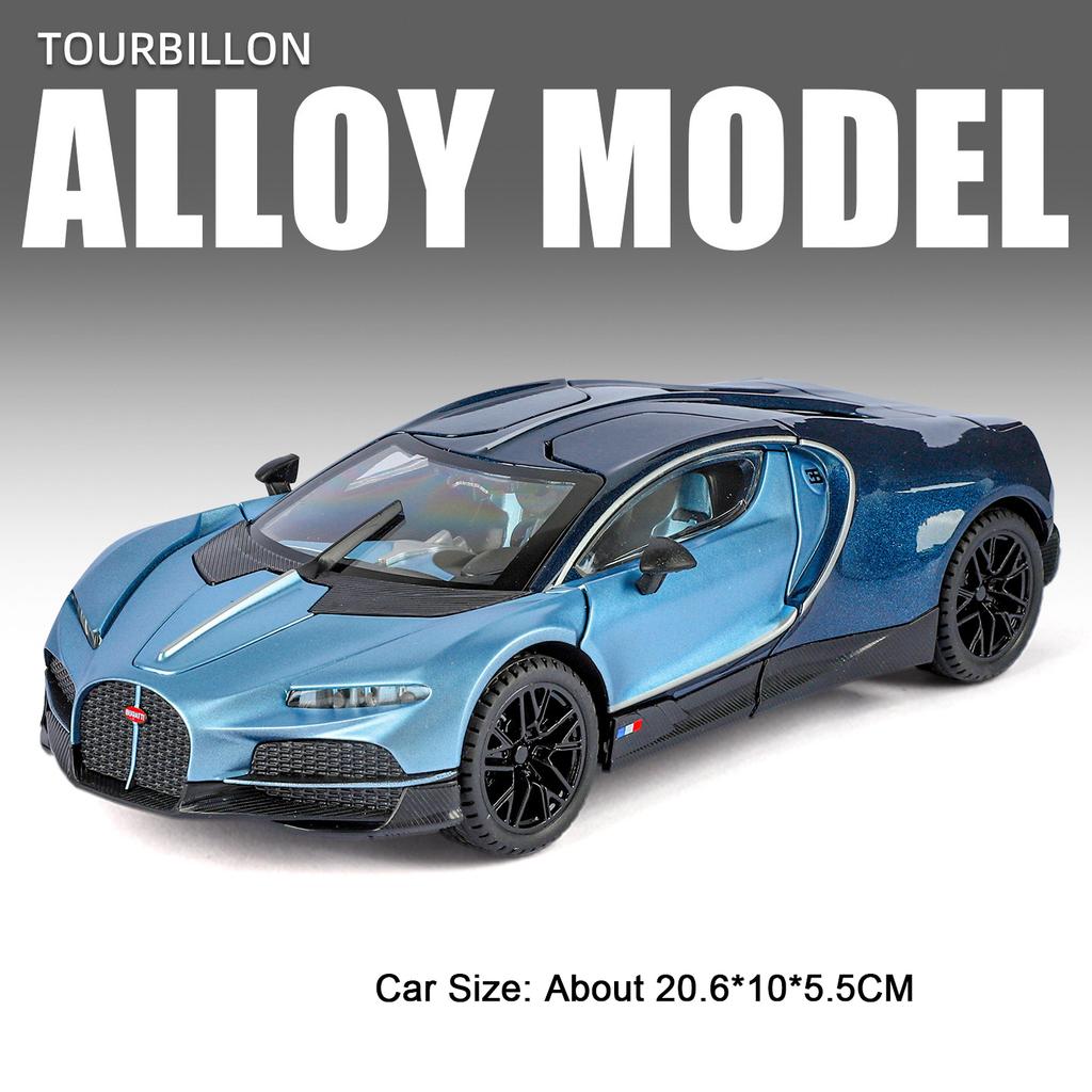 1:24 Tourbillon Bolide Car Model Toy Shock Absorption Supercar Sound Light Pull Back Metal Die-cast Models Office Table Ornament