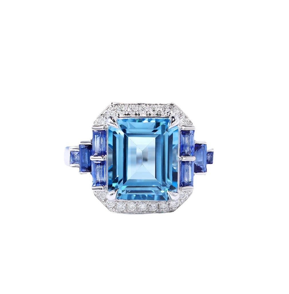 Light Luxury High-End Jewelry Simulation Topaz Aquamarine Ring Pendant Temperament Princess Square Diamond Colorful Treasure Set