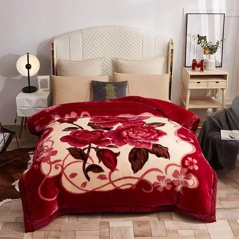 Luxury Heavy Double Layer Raschel Blanket Thickened Warm Plush Winter Blankets for Bed Vintage Floral Soft Weighted Comforter