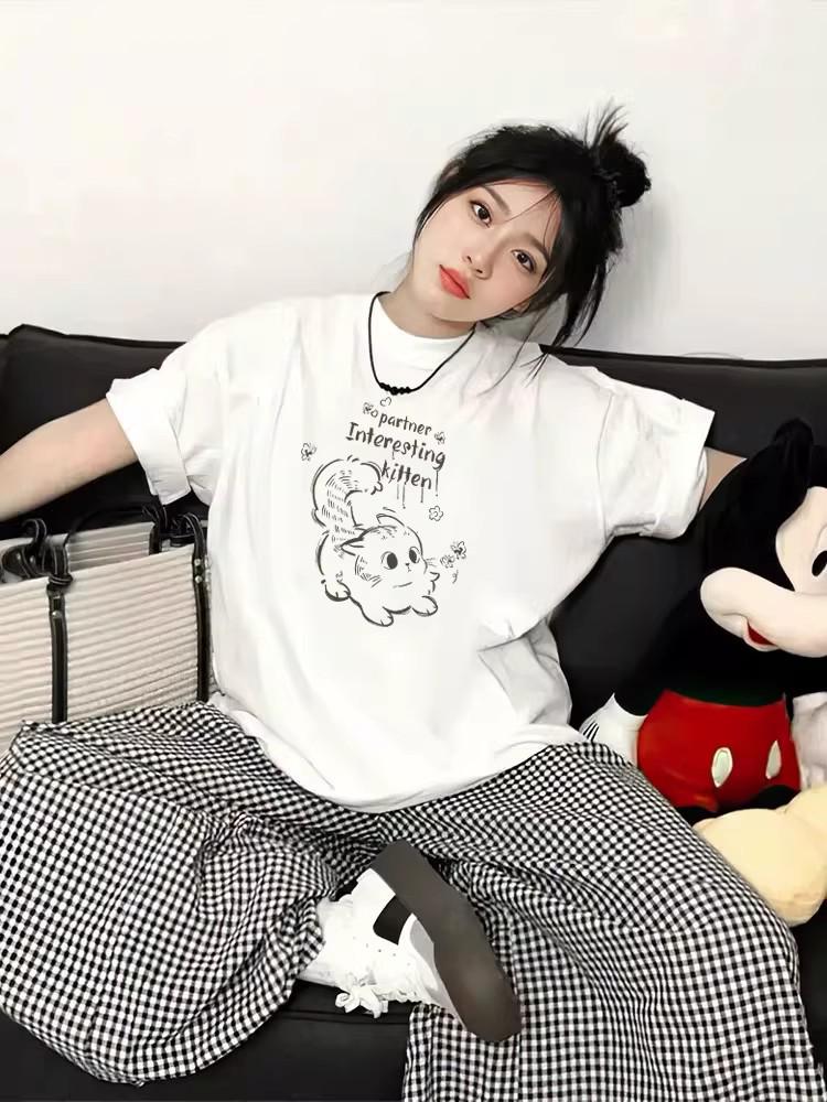 Women's Cat Graphic Loose Fit T-Shirt - Pure Cotton, High Quality, Summer 2026 Collection
