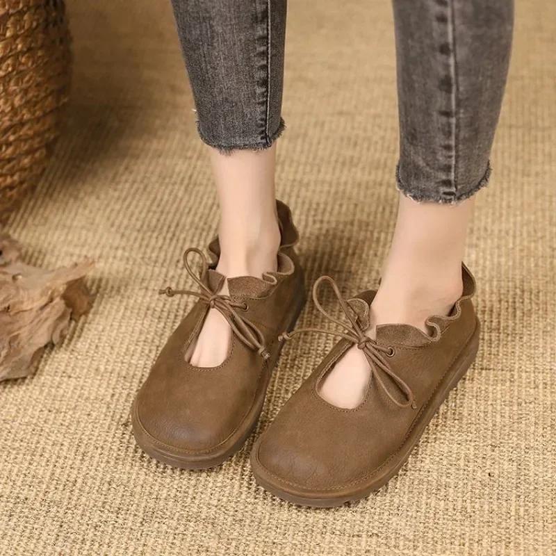 Genuine Leather Women's Shoes Autumn/Spring Flats  Plus Size Casual Shoes Lace Up Fashion  Antislip Shoes