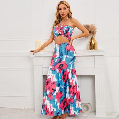 Summer High Waist Boho Dress Sexy Plant And Flower Printed Slim Trumpet Dress Fashion Sleeveless Two-piece Suit Vestidos 25264