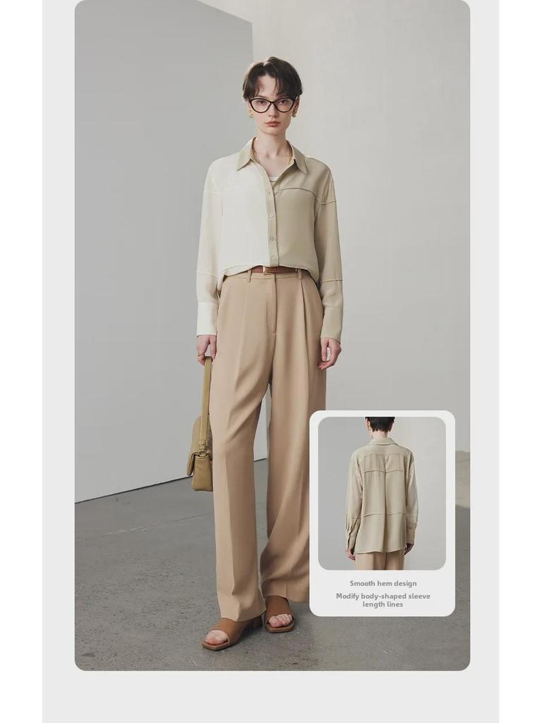 Women's Loose-Fit Silk Shirt - 2025 Spring/Summer, 100% Double Crepe Mulberry Silk, Color-Block Design