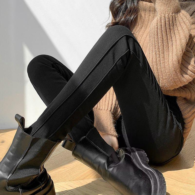 Женские черные велюровые леггинсы большого размера, стройнящие - Весна/Осень, плотные, эластичные, теплые брюки One Size - 80-110 lbs